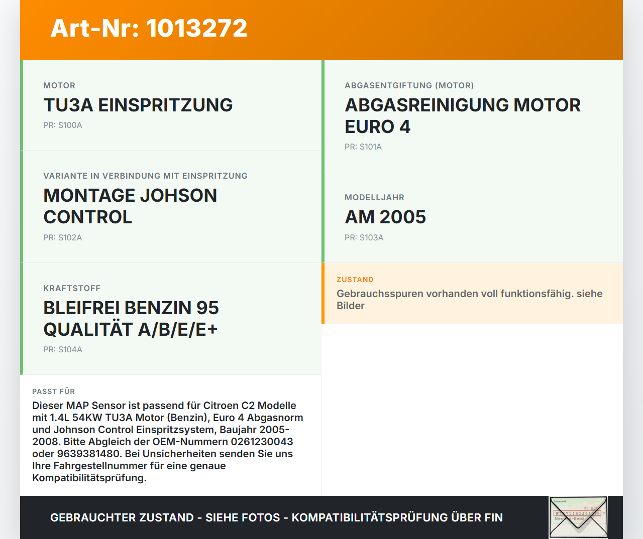 Citroen C2 JM 05-08 1,4 54KW Luftdruck MAP Sensor Citroen C2 JM 05-08 20.10.2006 1920AJ 0261230043 9639381480 gebraucht Vorschau 3