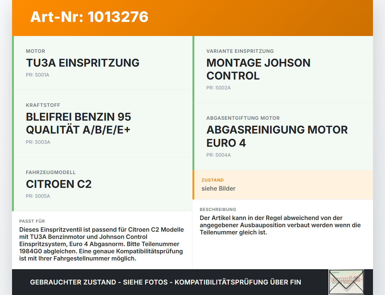 Citroen C2 JM 05-08 1,4 54KW Einspritzdüse Einspritzventil Citroen C2 JM 05-08 20.10.2006 1984G0 gebraucht Vorschau 3