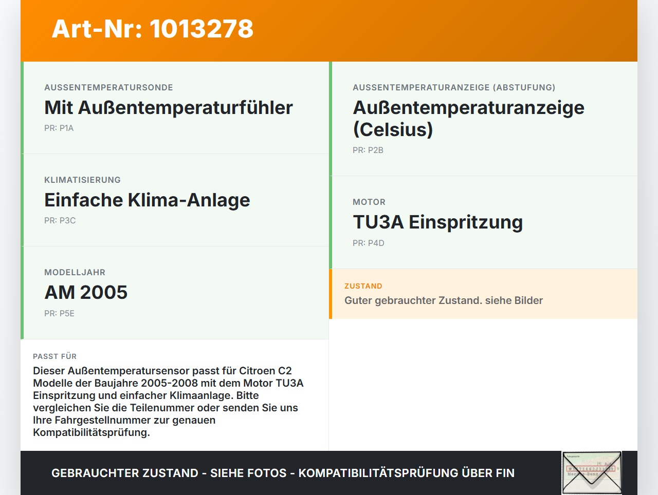 Citroen C2 JM 05-08 Temperatursensor Citroen C2 JM 05-08 20.10.2006 1338A7 gebraucht Vorschau 3