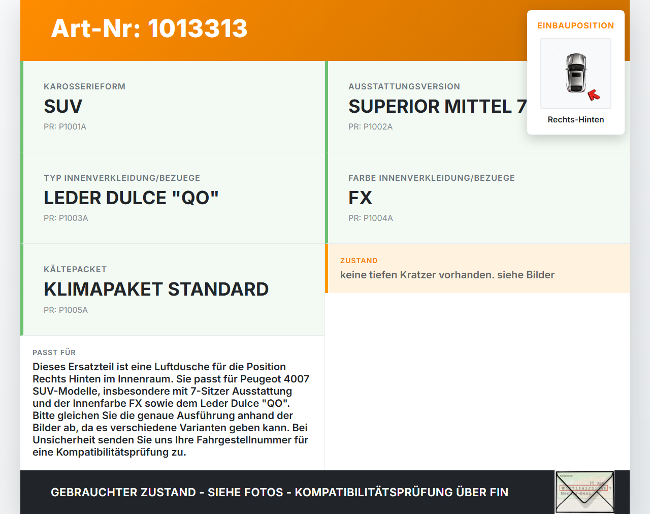 Peugeot 4007 GP 07-12 Luftdusche Luftdüse Rechts Hinten Peugeot 4007 GP 07-12 27.09.2007 gebraucht Vorschau 3