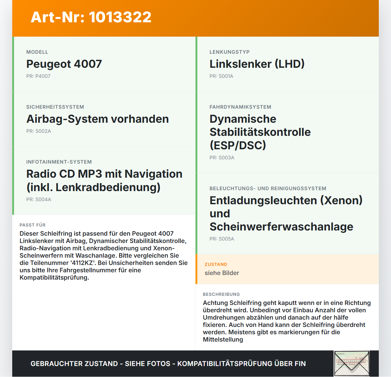 Peugeot 4007 GP 07-12 Airbag Schleifring Wickelfeder Peugeot 4007 GP 07-12 27.09.2007 4112KZ gebraucht Vorschau 3