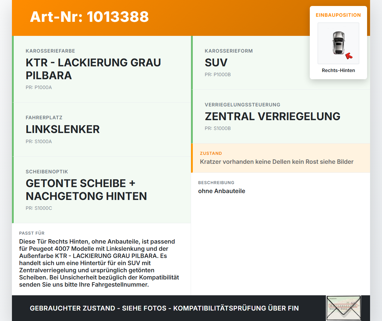 Peugeot 4007 GP 07-12 Tür Rechts Hinten KTR Peugeot 4007 GP 07-12 27.09.2007 9008S5 gebraucht Vorschau 3