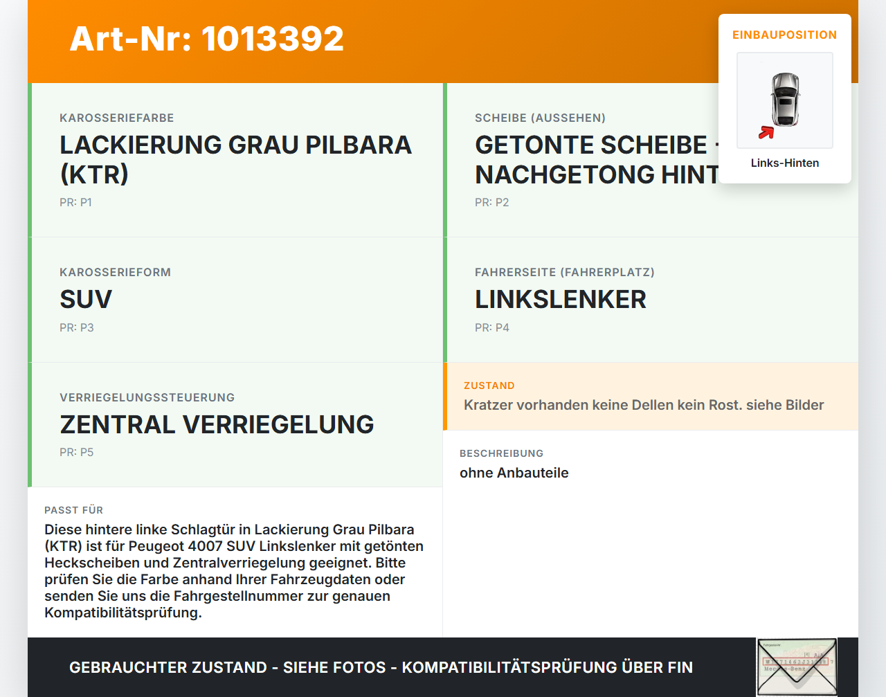Peugeot 4007 GP 07-12 Tür Links Hinten KTR Peugeot 4007 GP 07-12 27.09.2007 9006N1 gebraucht Vorschau 3