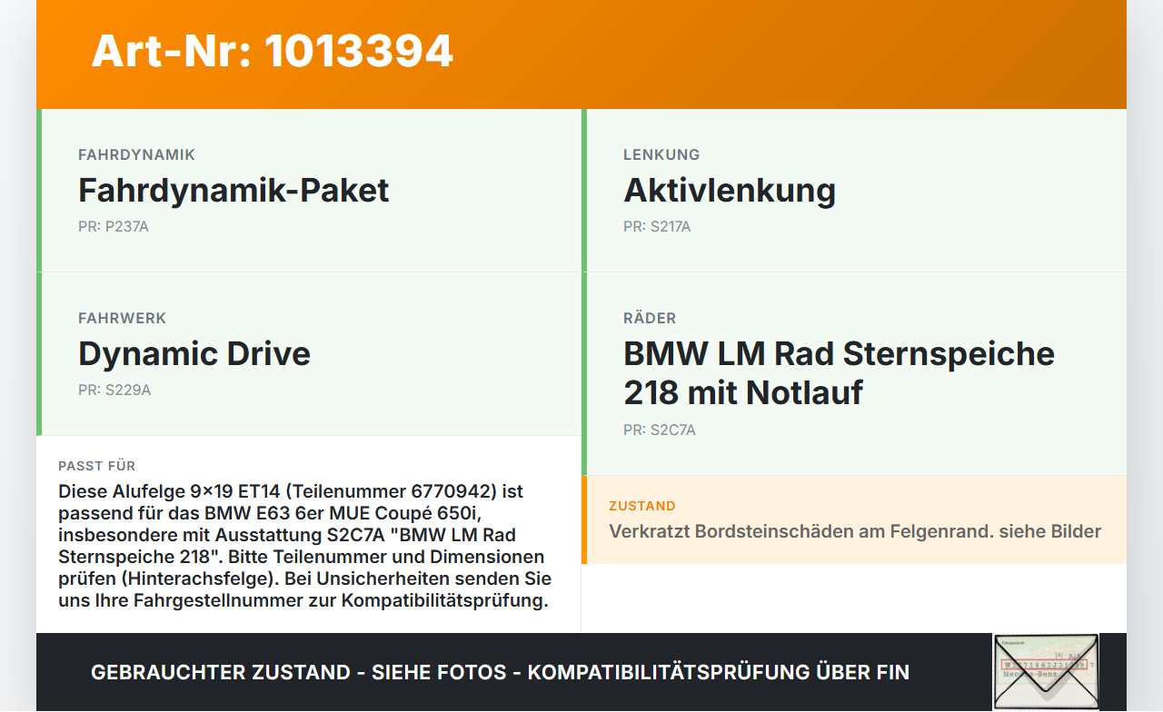 BMW E63 6er 650i 07-10 1x Felge Alufelge 5X120 9X19Zoll ET14 BMW E63 6er 650i 07-10 08.02.2008 6770942 3611-6770942... Vorschau 3