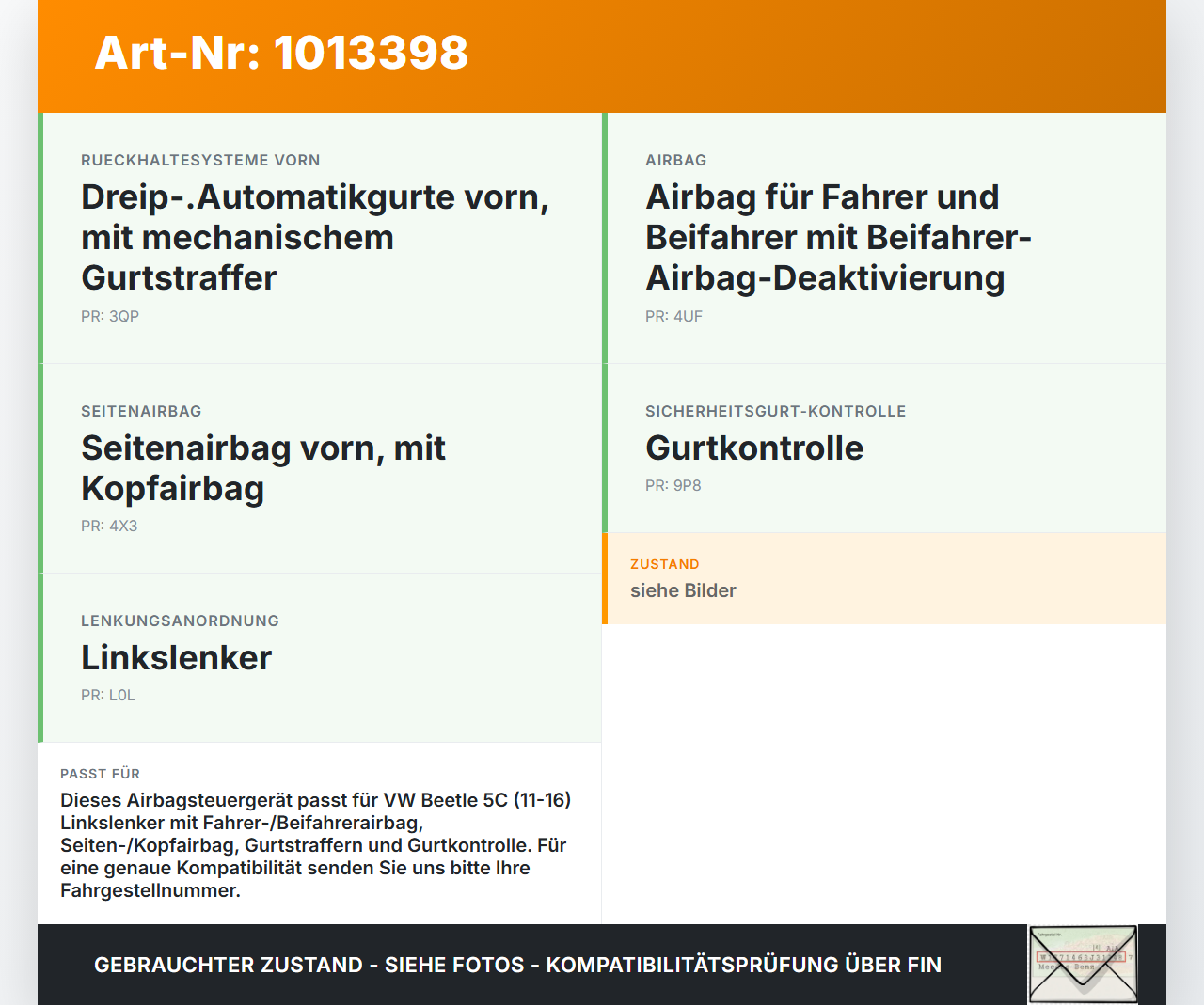VW Beetle 5C 11-16 Airbag Steuergerät Airbagsteuergerät VW Beetle 5C 11-16 12.02.2015 5C0959655F 5WK44508 gebraucht Vorschau 3