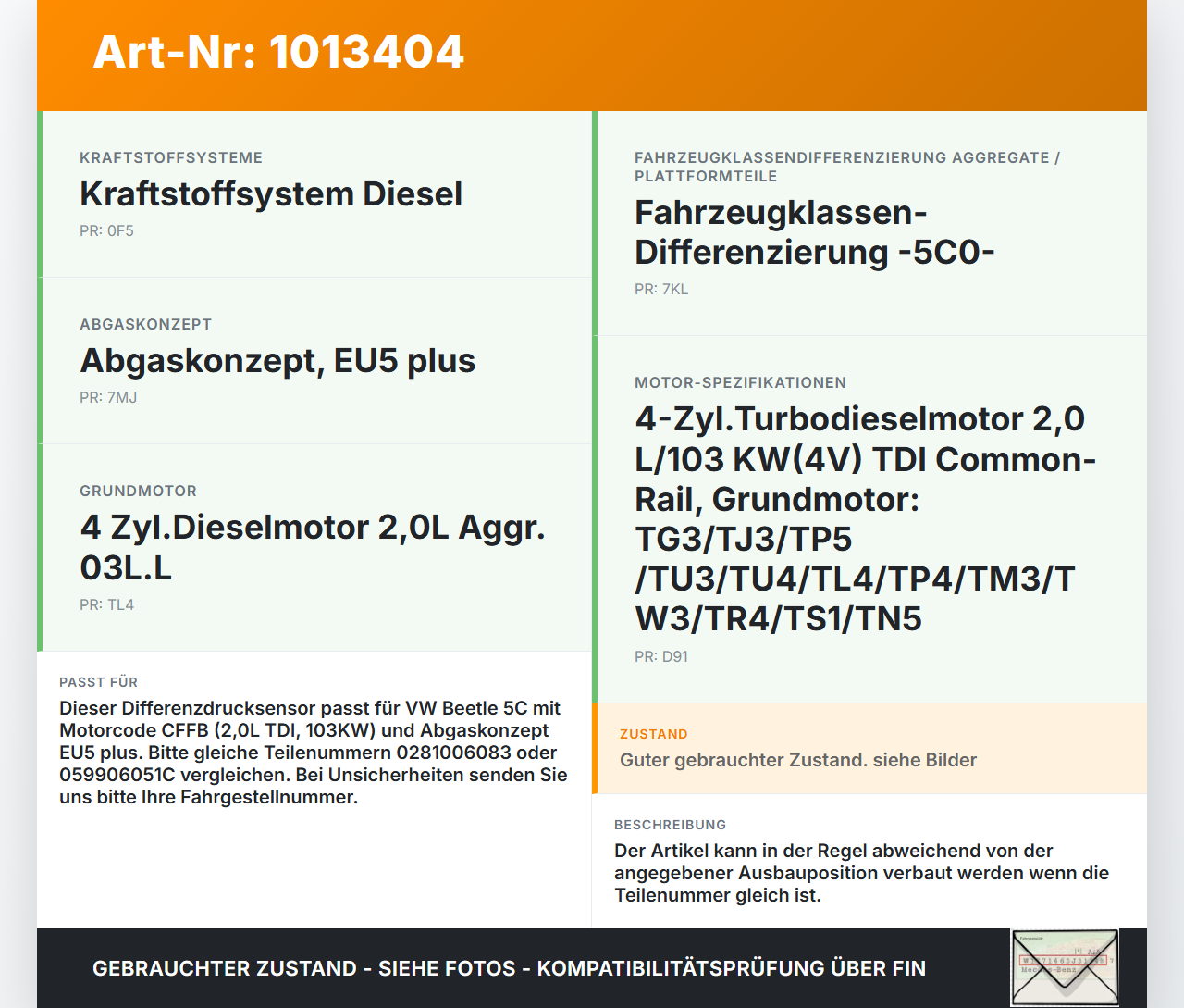VW Beetle 5C 11-16 TDI 2,0 103KW CFFB Differenzdrucksensor VW Beetle 5C 11-16 12.02.2015 0281006083 059906051C gebraucht Vorschau 3