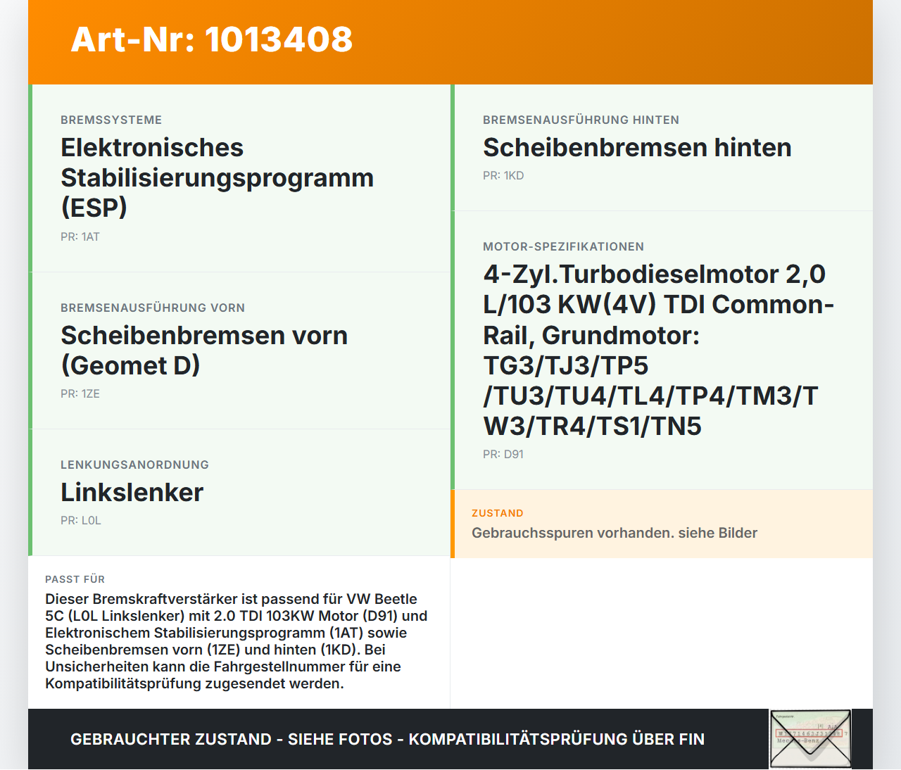 VW Beetle 5C 11-16 TDI 2,0 103KW Bremskraftverstärker VW Beetle 5C 11-16 12.02.2015 1K1614106AL 1K1614105ER gebraucht Vorschau 3