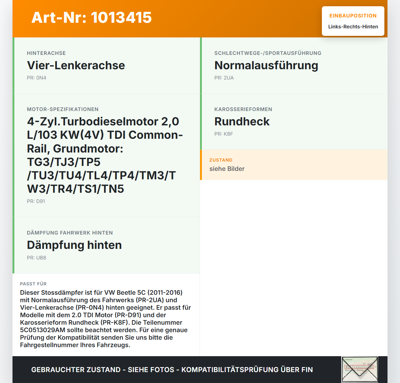 VW Beetle 5C 11-16 Coupe Stossdämpfer Links und Rechts Hinten VW Beetle 5C 11-16 12.02.2015 5C0513029AM gebraucht Vorschau 3