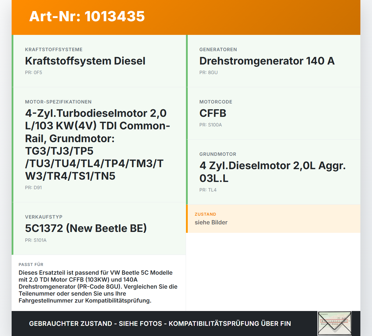 VW Beetle 5C 11-16 TDI 2,0 103KW Lichtmaschine Generator 140A VW Beetle 5C 11-16 12.02.2015 06F903023F 0124525091... Vorschau 3