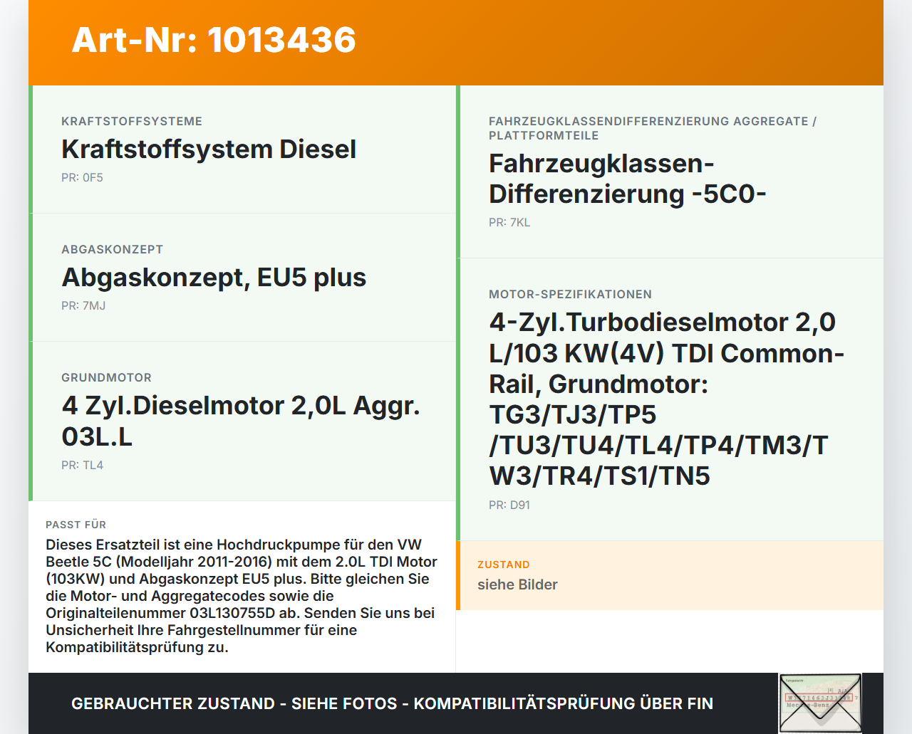 VW Beetle 5C 11-16 TDI 2,0 103KW Einspritzpumpe Hochdruckpumpe VW Beetle 5C 11-16 12.02.2015 03L130755AA 0445010514... Vorschau 3