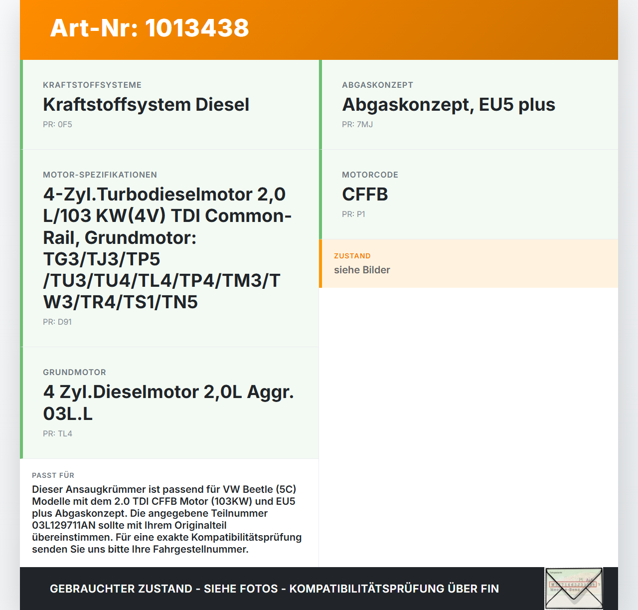VW Beetle 5C 11-16 TDI 2,0 103KW CFFB Ansaugbrücke Ansaugkrümmer VW Beetle 5C 11-16 12.02.2015 03L129711AN gebraucht Vorschau 3
