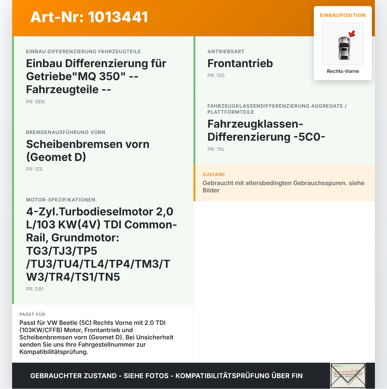 VW Beetle 5C 11-16 TDI 2,0 103KW Achsschenkel Radnabe Rechts Vorne VW Beetle 5C 11-16 12.02.2015 5C0407256 gebraucht Vorschau 3