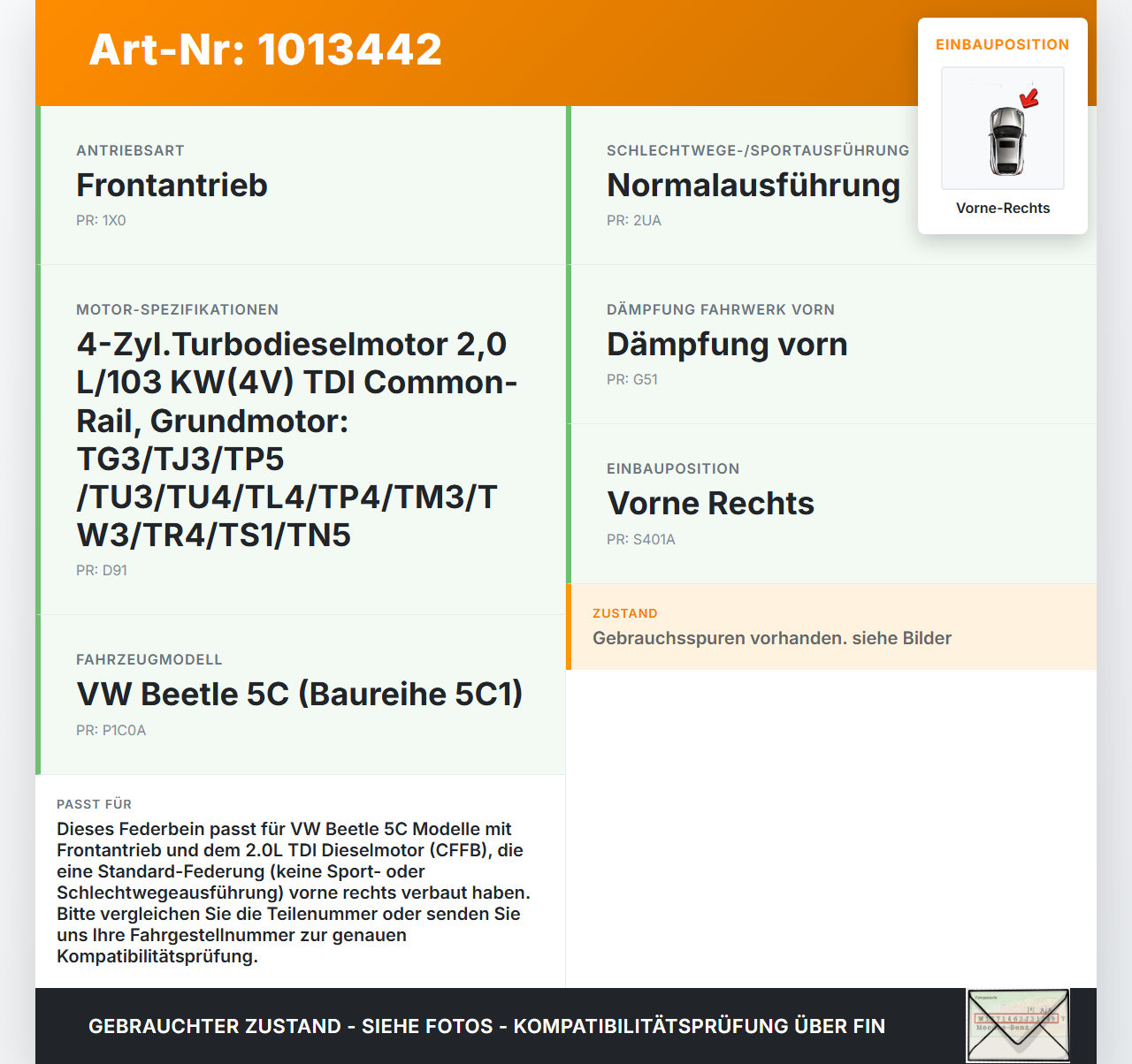 VW Beetle 5C 11-16 Coupe Stossdämpfer Federbein Vorne Rechts VW Beetle 5C 11-16 12.02.2015 5C0413031CS 824904007884... Vorschau 3