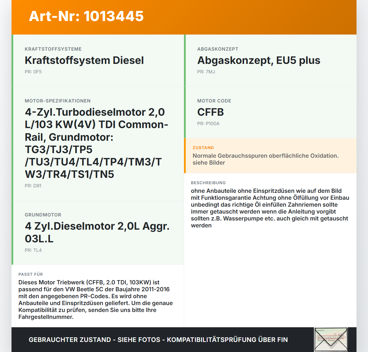 VW Beetle 5C 11-16 TDI 2,0 103KW CFFB Motor Triebwerk VW Beetle 5C 11-16 12.02.2015 03L100034 gebraucht Vorschau 3