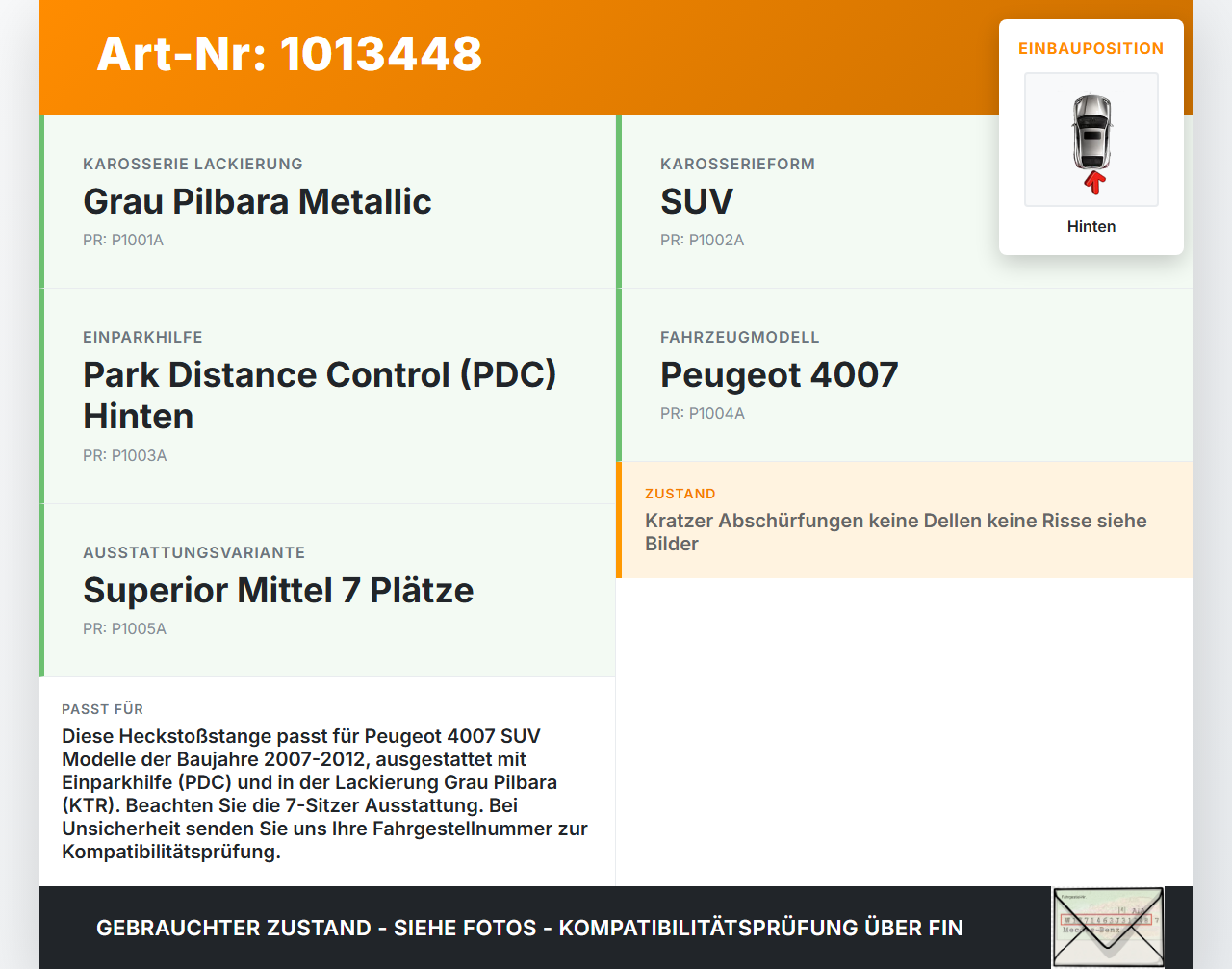 Peugeot 4007 GP 07-12 Stoßstange Stoßfänger Heckstosstange Hinten KTR Peugeot 4007 GP 07-12 27.09.2007 5382810... Vorschau 3
