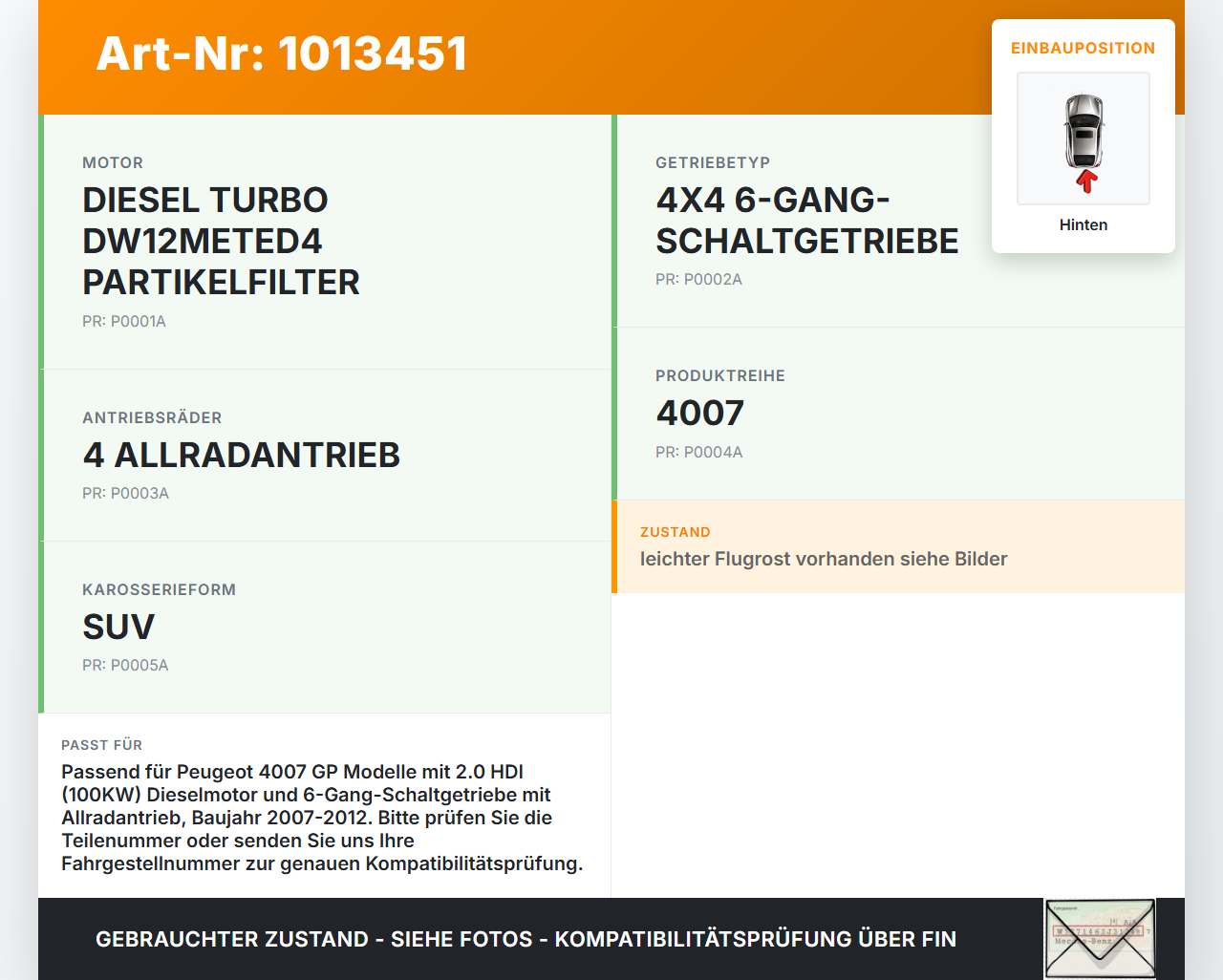 Peugeot 4007 GP 07-12 HDI 2,0 100KW 4WD Kardanwelle Hinten Peugeot 4007 GP 07-12 27.09.2007 280191 gebraucht Vorschau 3