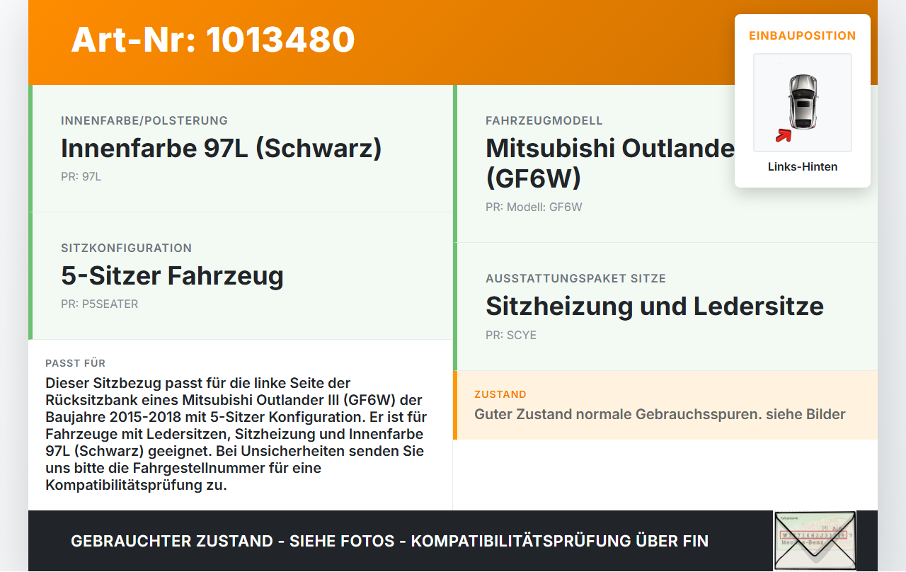 Mitsubishi Outlander III 12-15 Sitzbezug Sitzpolster Links für Rücksitzbank Hinten Mitsubishi Outlander III 12-15... Vorschau 3