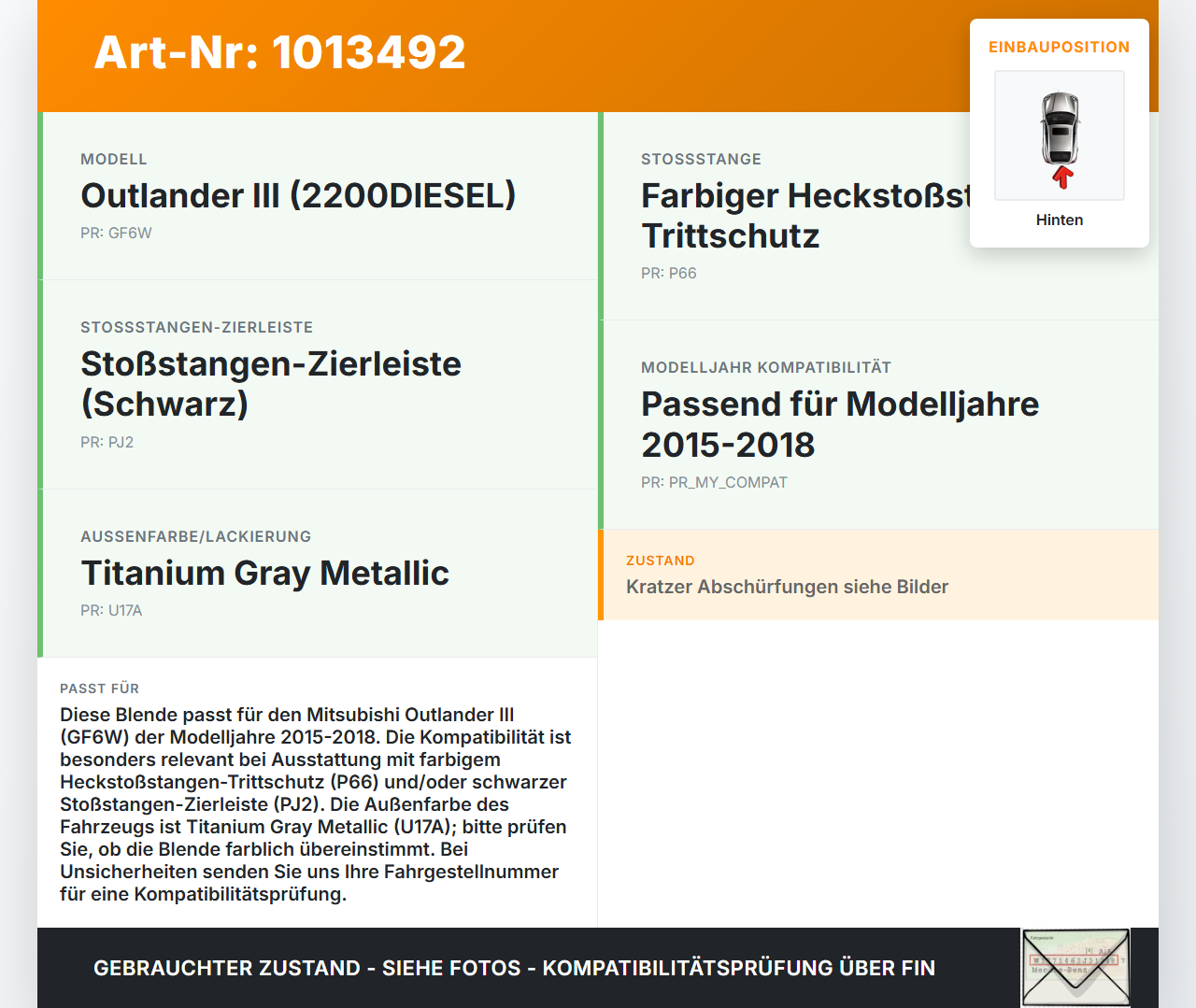 Mitsubishi Outlander III 12-15 Blende Aussen Kappe Abdeckung für Stoßstange Hinten Mitsubishi Outlander III 12-15... Vorschau 3