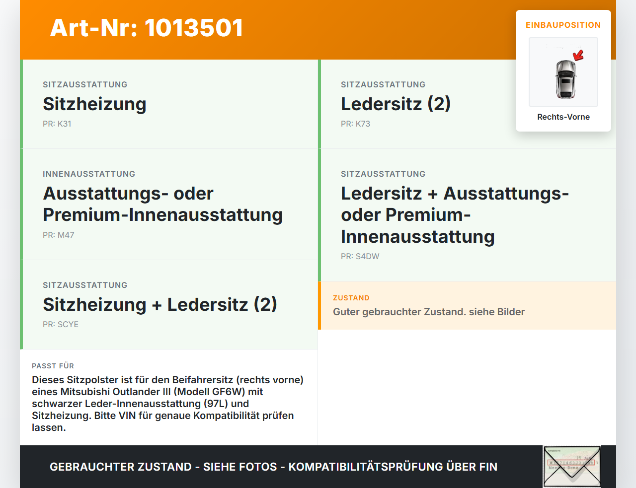 Mitsubishi Outlander III 12-15 Sitzbezug Sitzpolster für Beifahrersitz Rechts Vorne beheizt Mitsubishi Outlander... Vorschau 3