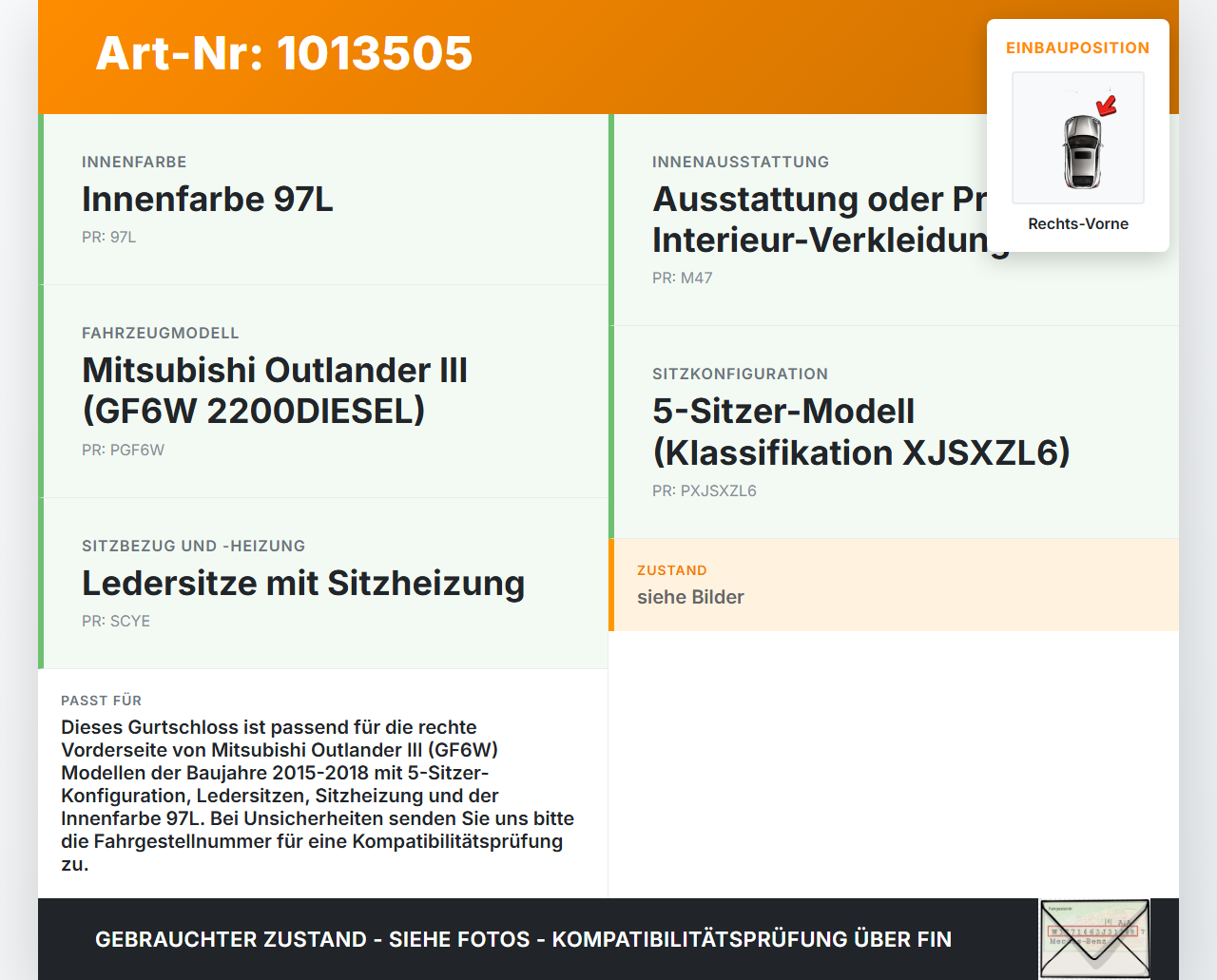 Mitsubishi Outlander III 12-15 Gurtschloss Rechts Vorne Mitsubishi Outlander III 12-15 22.09.2015 7000D551XA gebraucht Vorschau 3