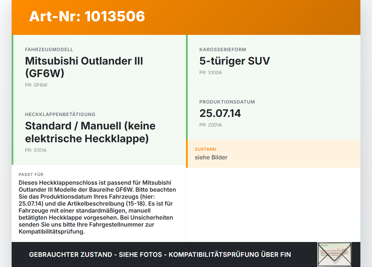 Mitsubishi Outlander III 12-15 Schloss f. Heckklappe Heckklappenschloss Verriegelung Mitsubishi Outlander III 12-15... Vorschau 3