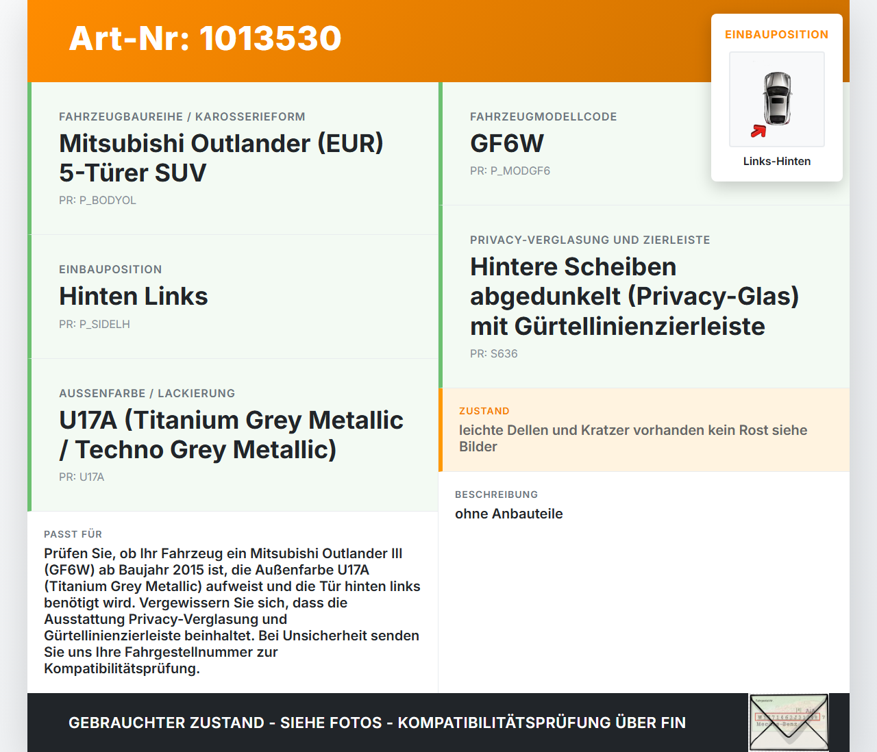 Mitsubishi Outlander III 12-15 Tür Links Hinten U17A Mitsubishi Outlander III 12-15 22.09.2015 5730B389 gebraucht Vorschau 3