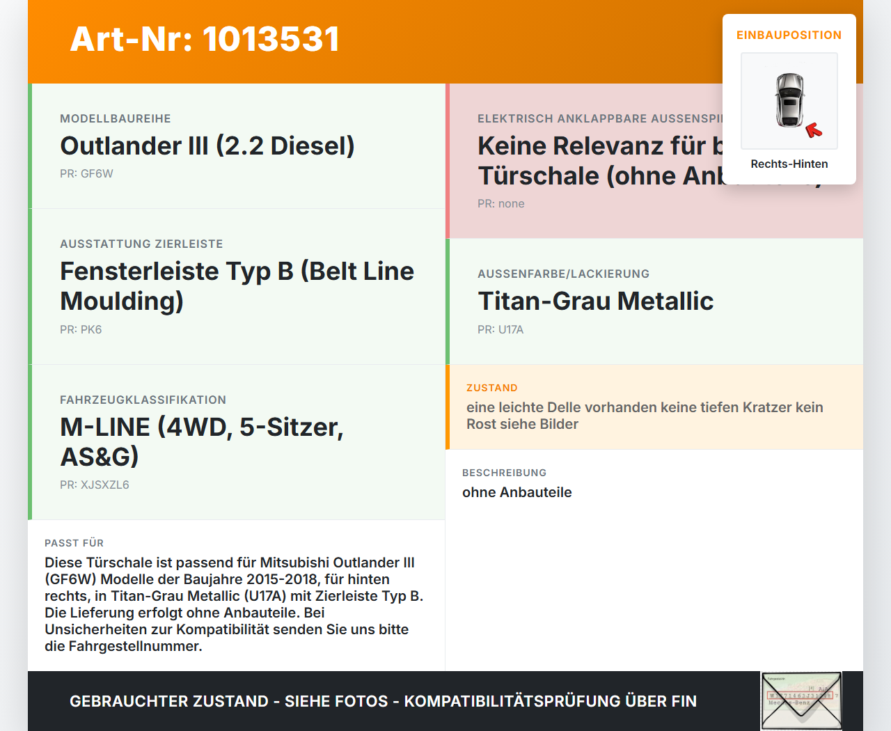 Mitsubishi Outlander III 12-15 Tür Rechts Hinten U17A Mitsubishi Outlander III 12-15 22.09.2015 5730B390 gebraucht Vorschau 3