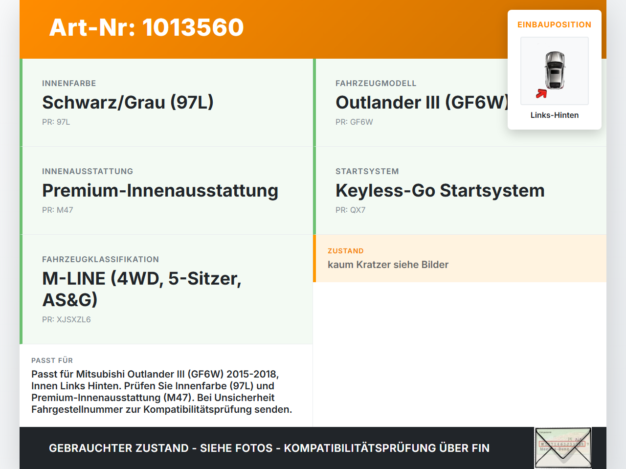 Mitsubishi Outlander III 12-15 Türgriff Griffmuschel Griff Innen Links Hinten Mitsubishi Outlander III 12-15... Vorschau 3