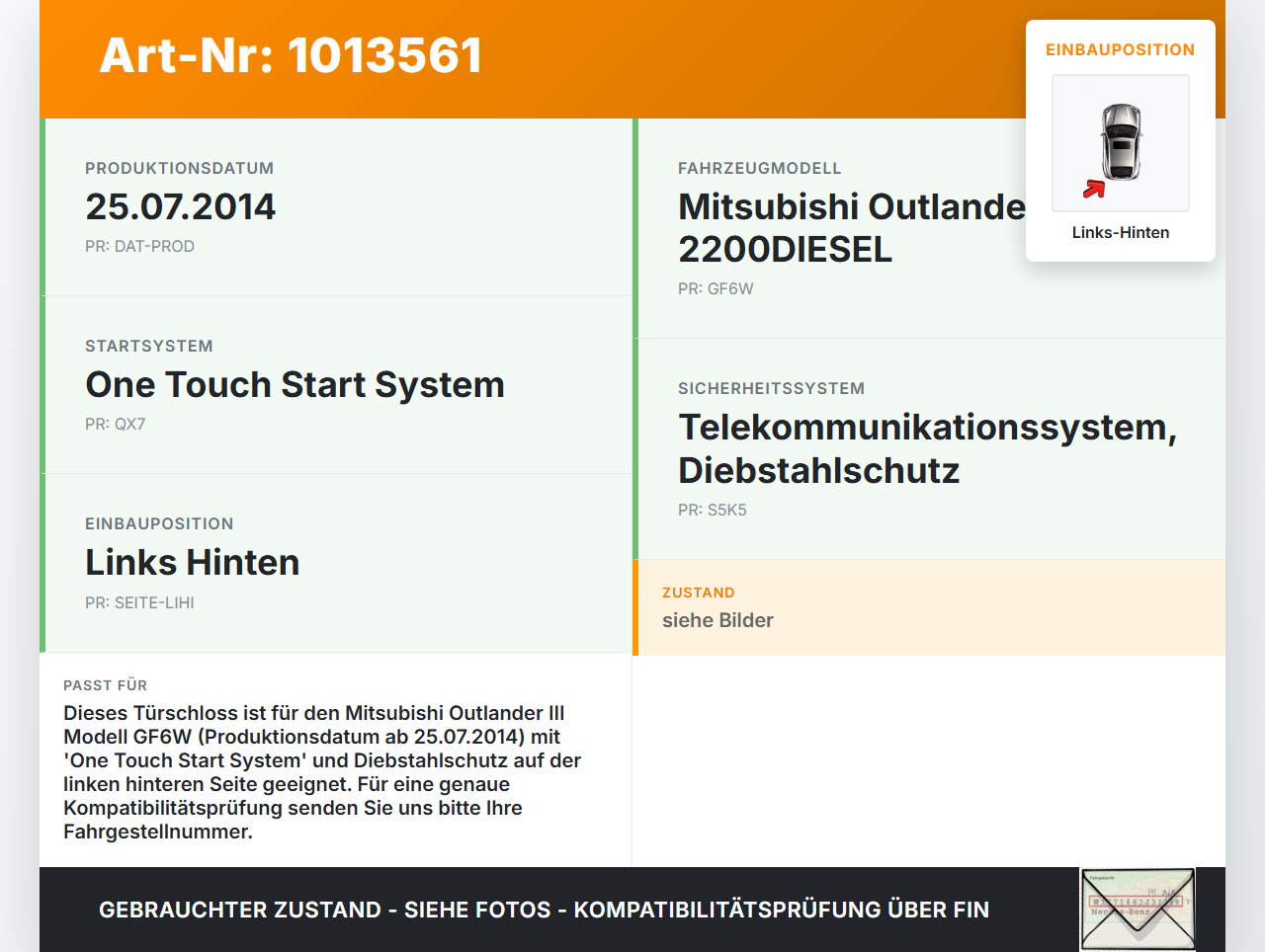 Mitsubishi Outlander III 12-15 Türschloss m. ZV Stellmotor Links Hinten Mitsubishi Outlander III 12-15 22.09.2015... Vorschau 3