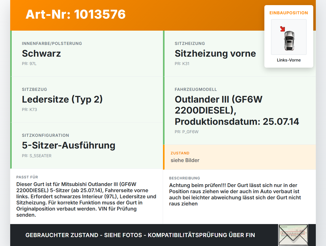 Mitsubishi Outlander III 12-15 Gurt Sicherheitsgurt m. Gurtstraffer Fahrer Links Vorne Mitsubishi Outlander III... Vorschau 3