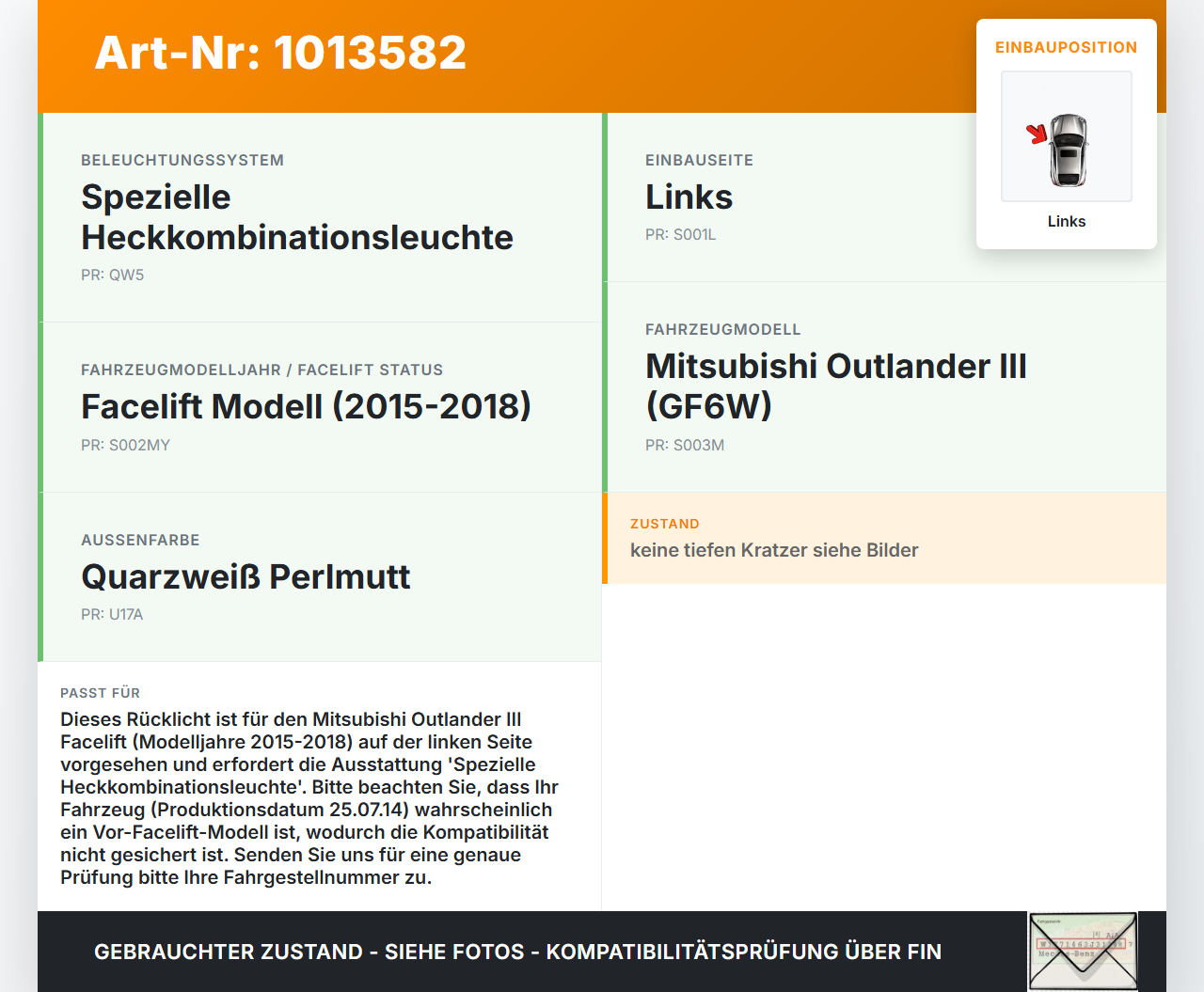 Mitsubishi Outlander III 12-15 Rückleuchte Rücklicht Heckleuchte Links orig Mitsubishi Outlander III 12-15... Vorschau 3