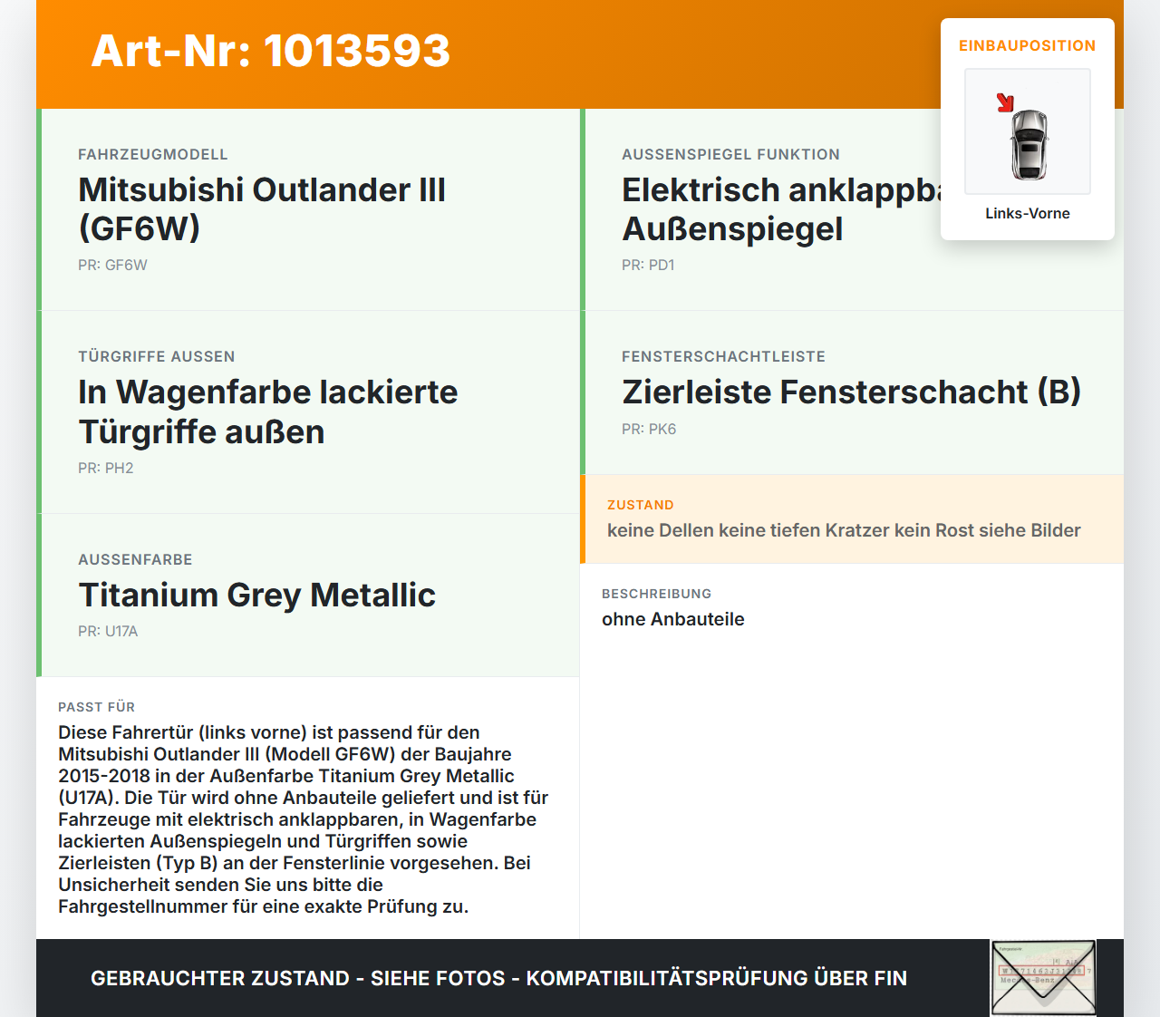 Mitsubishi Outlander III 12-15 Tür Fahrertür Links Vorne U17A Mitsubishi Outlander III 12-15 22.09.2015 5700B671... Vorschau 3