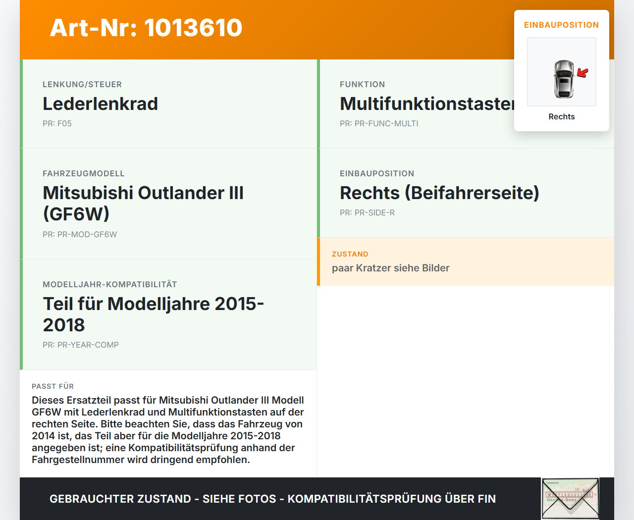 Mitsubishi Outlander III 12-15 Lenkradschalter Multifunktionstasten Schalter für Lenkrad Rechts Mitsubishi... Vorschau 3