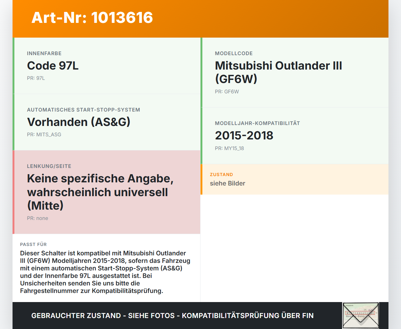 Mitsubishi Outlander III 12-15 Schalter Autom. Off Mitsubishi Outlander III 12-15 22.09.2015 8602A053 gebraucht Vorschau 3