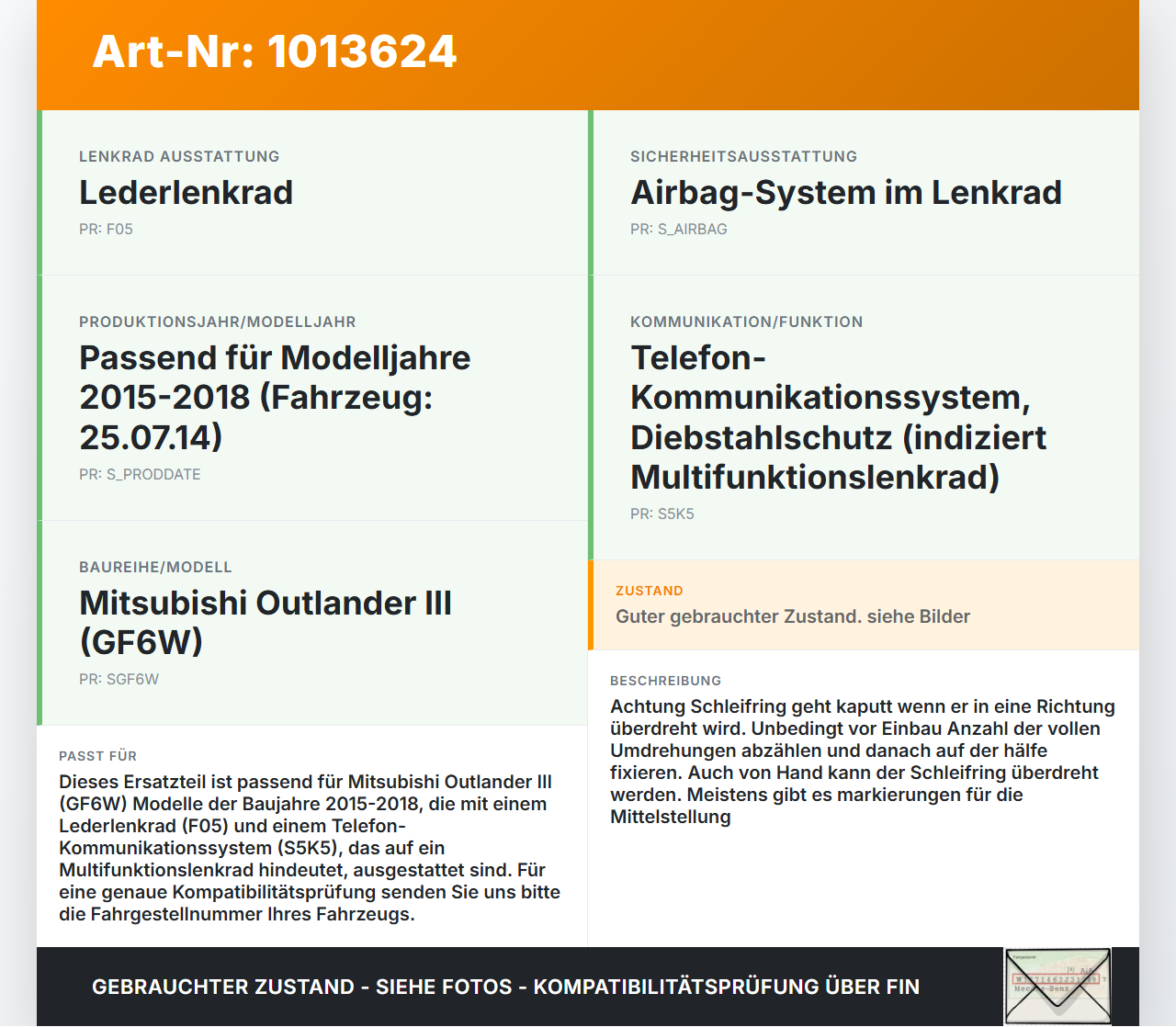 Mitsubishi Outlander III 12-15 Airbag Schleifring Wickelfeder für Lenkrad Mitsubishi Outlander III 12-15 22.09.2015... Vorschau 3