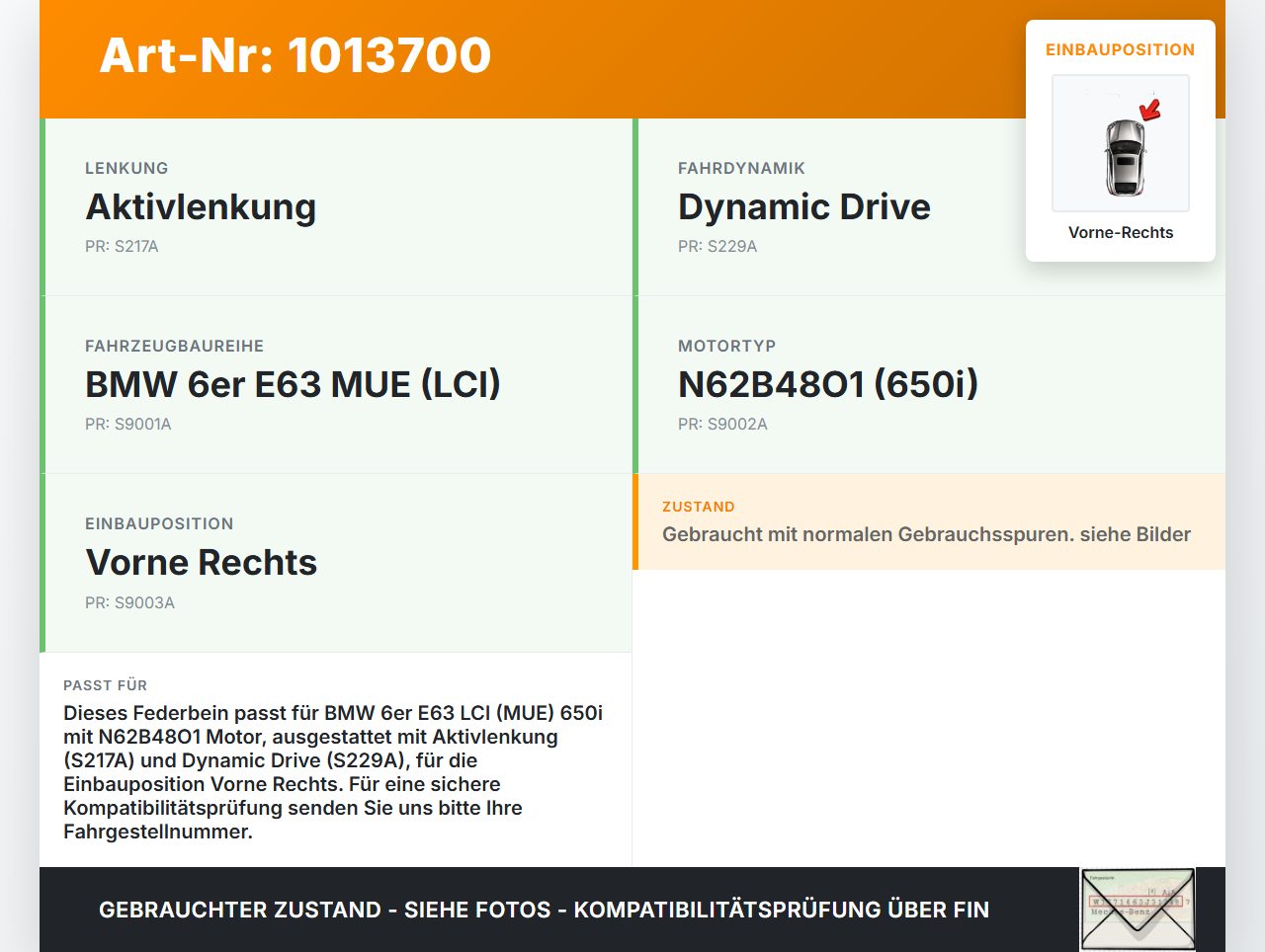 BMW E63 6er 650i 07-10 Coupe Federbein Stossdämpfer Vorne Rechts BMW E63 6er 650i 07-10 08.02.2008 31316766772... Vorschau 3