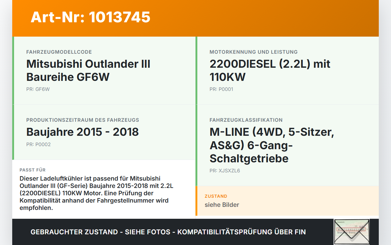 Mitsubishi Outlander III 12-15 2,3 110KW Ladeluftkühler Kühler Mitsubishi Outlander III 12-15 22.09.2015 1530A111... Vorschau 3