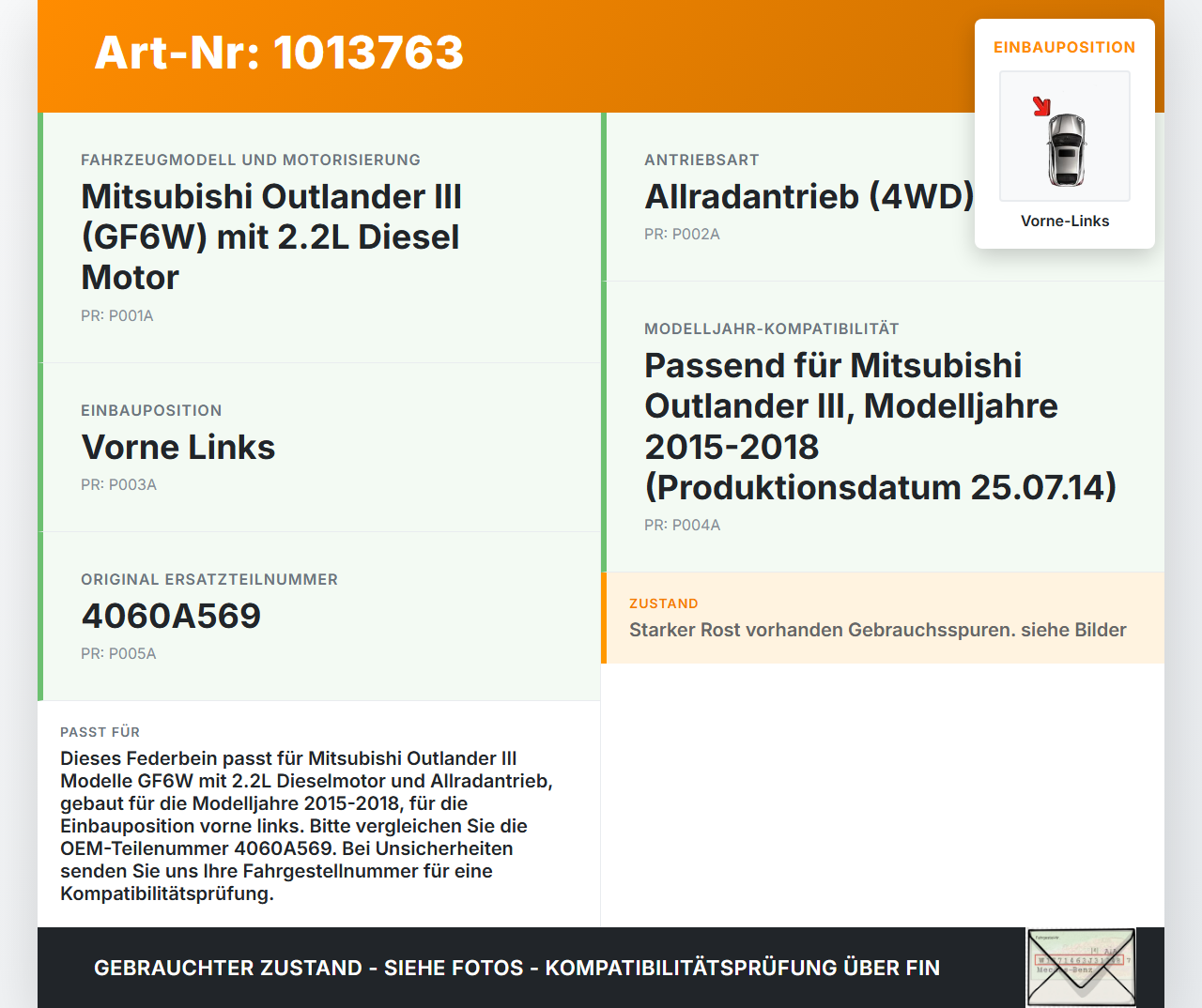 Mitsubishi Outlander III 12-15 Federbein Stossdämpfer Vorne Links Mitsubishi Outlander III 12-15 22.09.2015... Vorschau 3