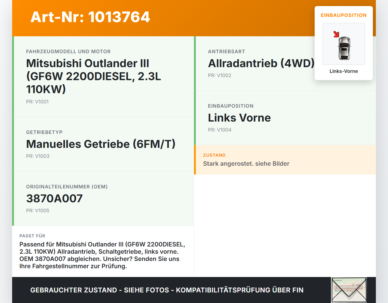 Mitsubishi Outlander III 12-15 2,3 110KW Achsschenkel Radnabe Links Vorne Mitsubishi Outlander III 12-15 22.09.2015... Vorschau 3