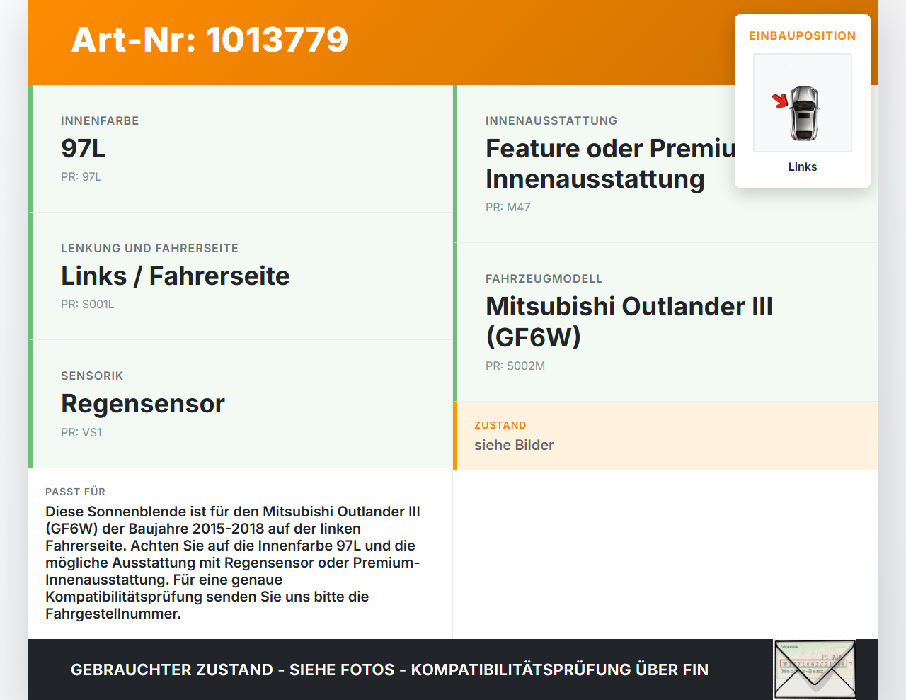 Mitsubishi Outlander III 12-15 Sonnenblende Links für Fahrer Mitsubishi Outlander III 12-15 22.09.2015 7620A901YA... Vorschau 3