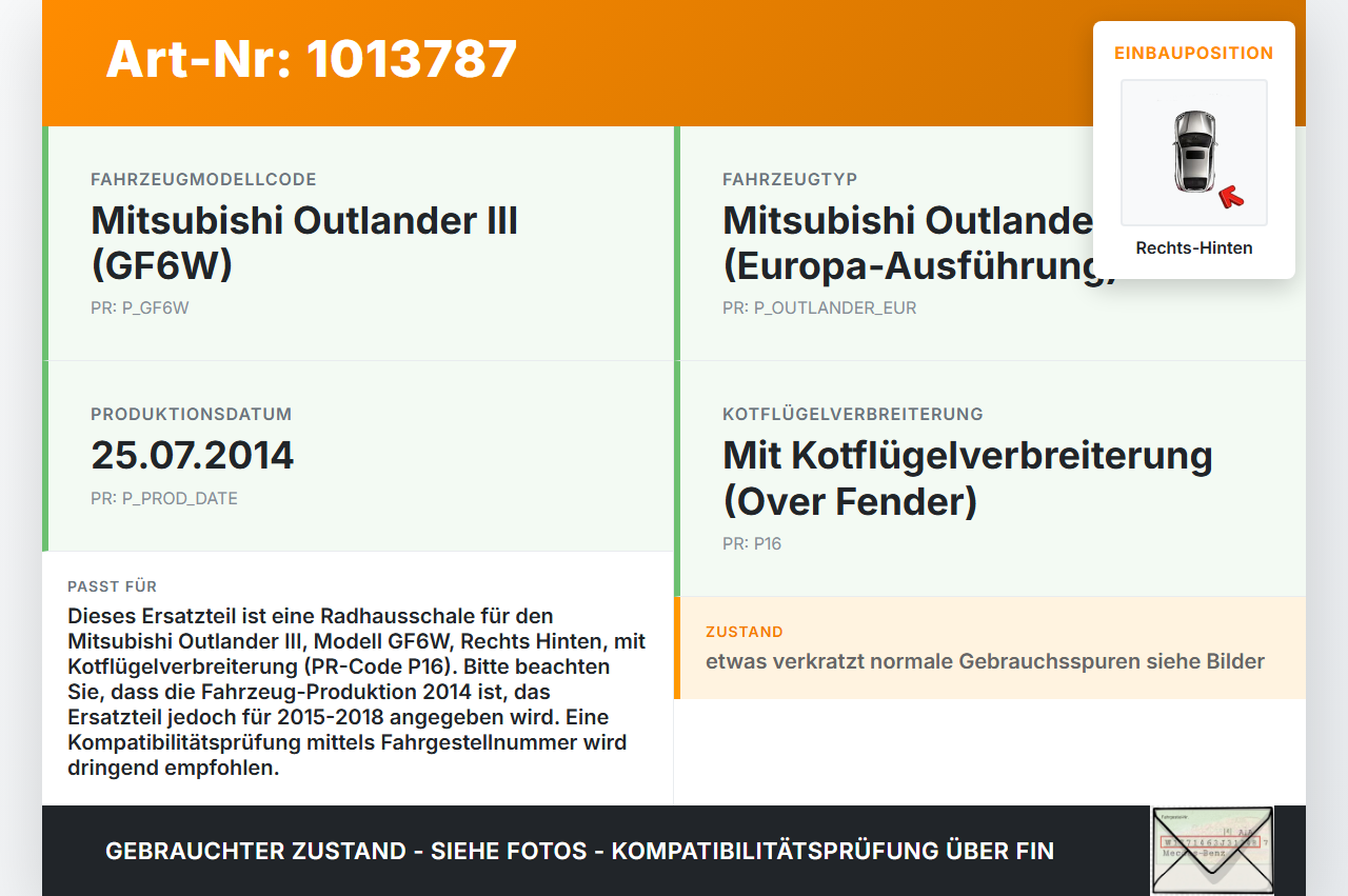 Mitsubishi Outlander III 12-15 Radhausschale Verkleidung Radlauf für Kotflügel Rechts Hinten Mitsubishi Outlander... Vorschau 3