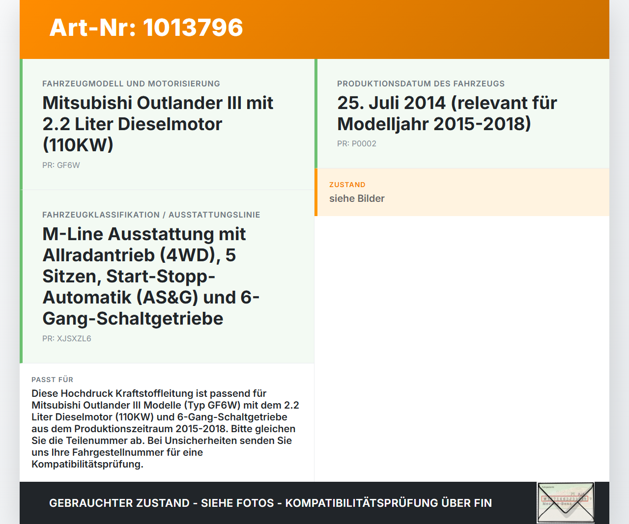Mitsubishi Outlander III 12-15 2,3 110KW Hochdruck Leitung Kraftstoffleitung Mitsubishi Outlander III 12-15... Vorschau 3