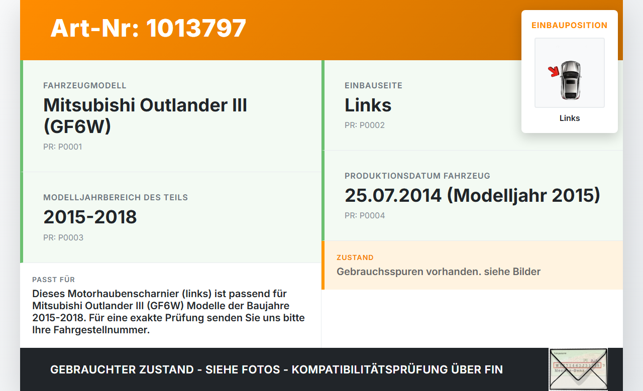 Mitsubishi Outlander III 12-15 Scharnier für Motorhaube Motorhaubenscharnier Links Mitsubishi Outlander III 12-15... Vorschau 3