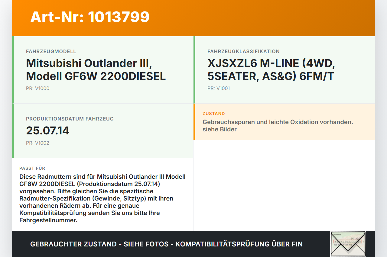 Mitsubishi Outlander III 12-15 Satz Radmuttern Muttern Radbolzen Mitsubishi Outlander III 12-15 22.09.2015 MR455707... Vorschau 3