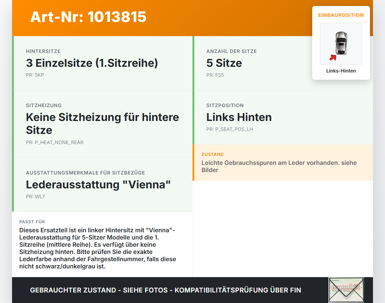 VW Sharan 7N II 10-15 Sitz Links Hinten Leder VW Sharan 7N II 10-15 19.03.2012 7N0883805DJ gebraucht Vorschau 3