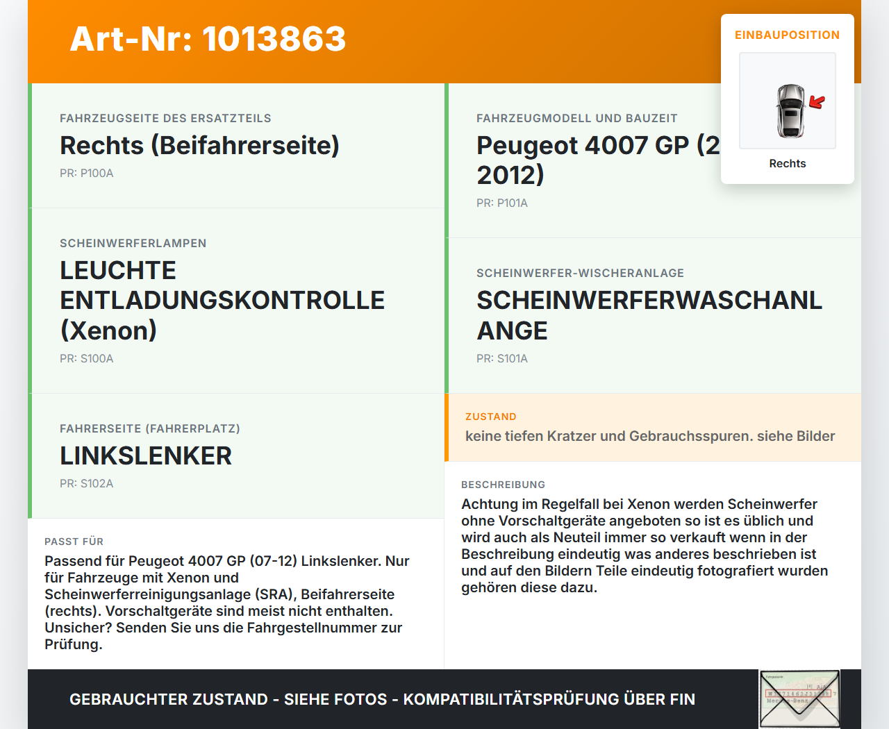 Peugeot 4007 GP 07-12 Xenon Scheinwerfer Frontscheinwerfer Rechts orig. Peugeot 4007 GP 07-12 27.09.2007 gebraucht Vorschau 3
