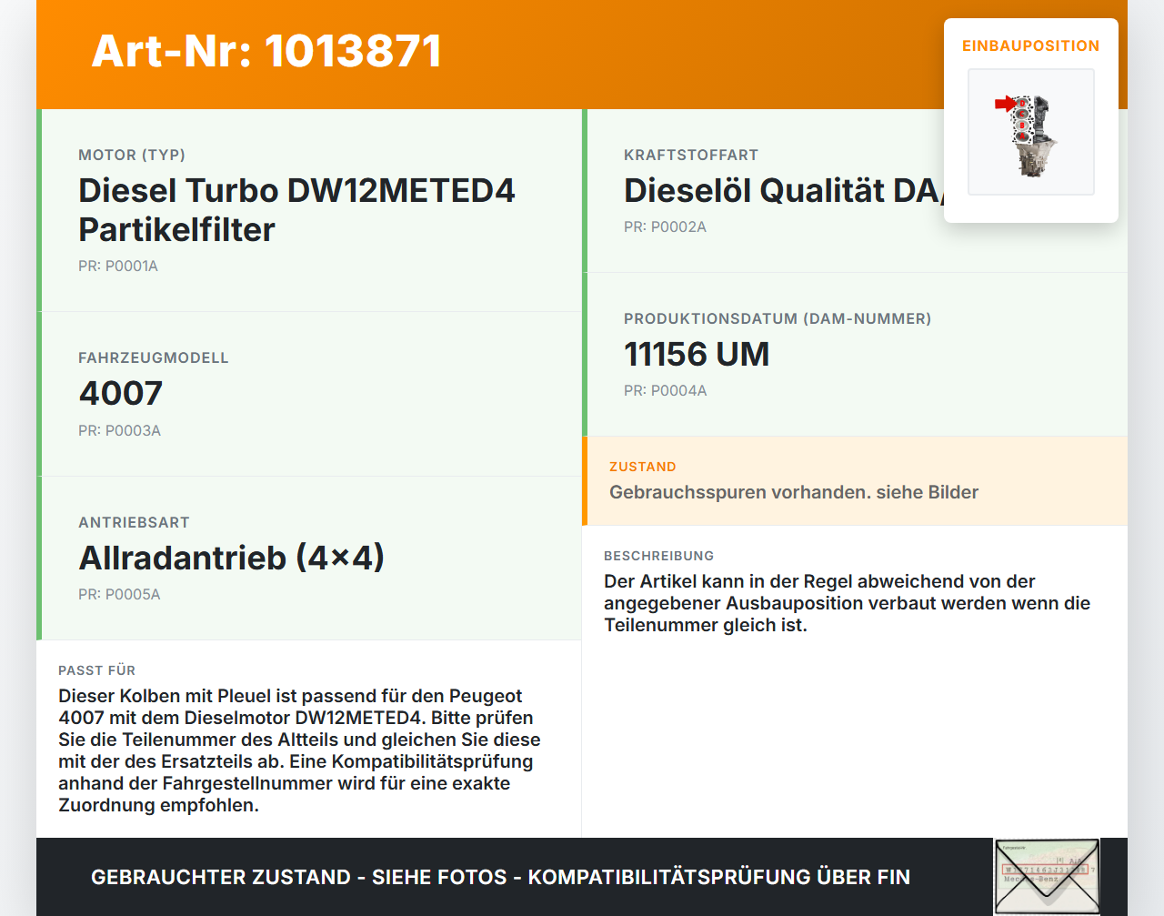 Peugeot 4007 GP 07-12 HDI 2,0 100KW DW12METED4 Kolben mit Pleuel Pos D Peugeot 4007 GP 07-12 27.09.2007 gebraucht Vorschau 3