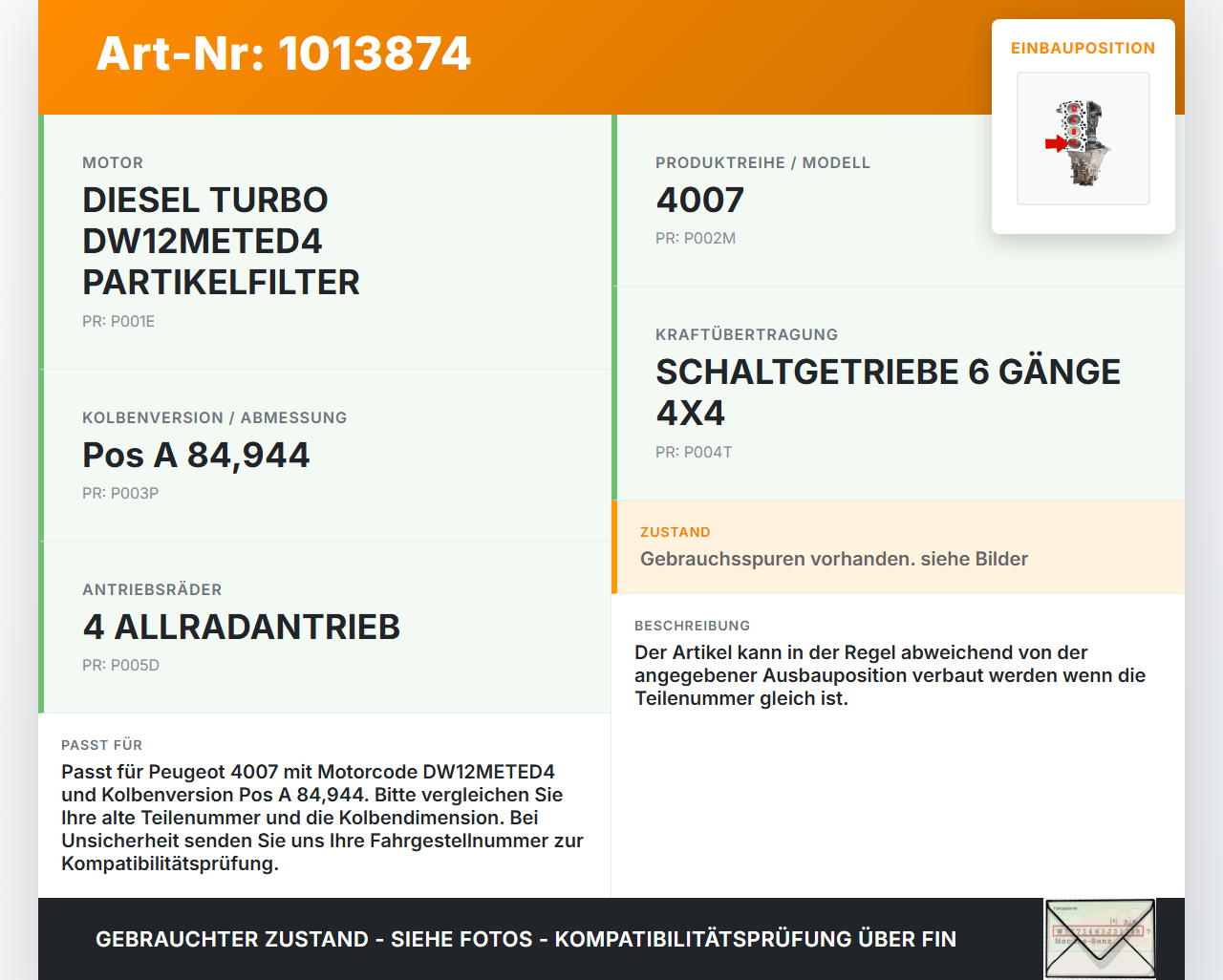 Peugeot 4007 GP 07-12 HDI 2,0 100KW DW12METED4 Kolben mit Pleuel Pos A 84,944 Peugeot 4007 GP 07-12 27.09.2007 gebraucht Vorschau 3