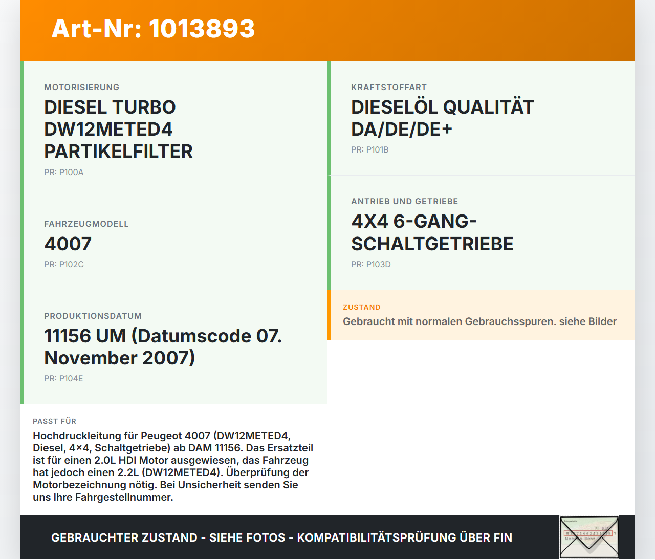 Peugeot 4007 GP 07-12 HDI 2,0 100KW Hochdruck Leitung Kraftstoffleitung Peugeot 4007 GP 07-12 27.09.2007 1579QR... Vorschau 3