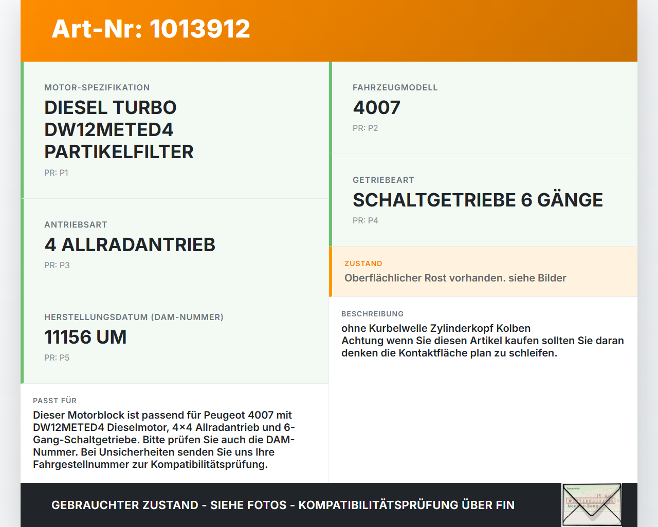 Peugeot 4007 GP 07-12 HDI 2,0 100KW DW12METED4 Motorblock für Motor Peugeot 4007 GP 07-12 27.09.2007 0130AZ gebraucht Vorschau 3